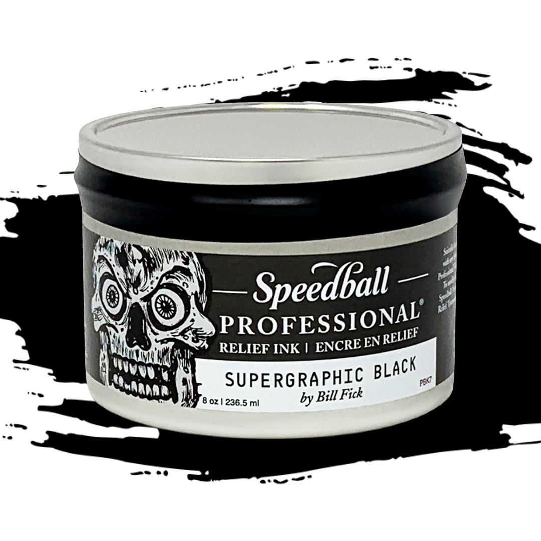 Speedball Professional Relief Ink Tin container with skull design on label and a black colour swatch in the background