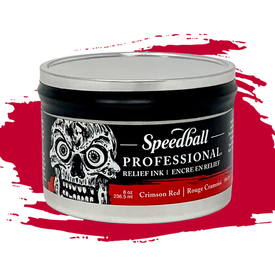 Speedball Professional Relief Ink Tin container with skull design on label and a red colour swatch in the background