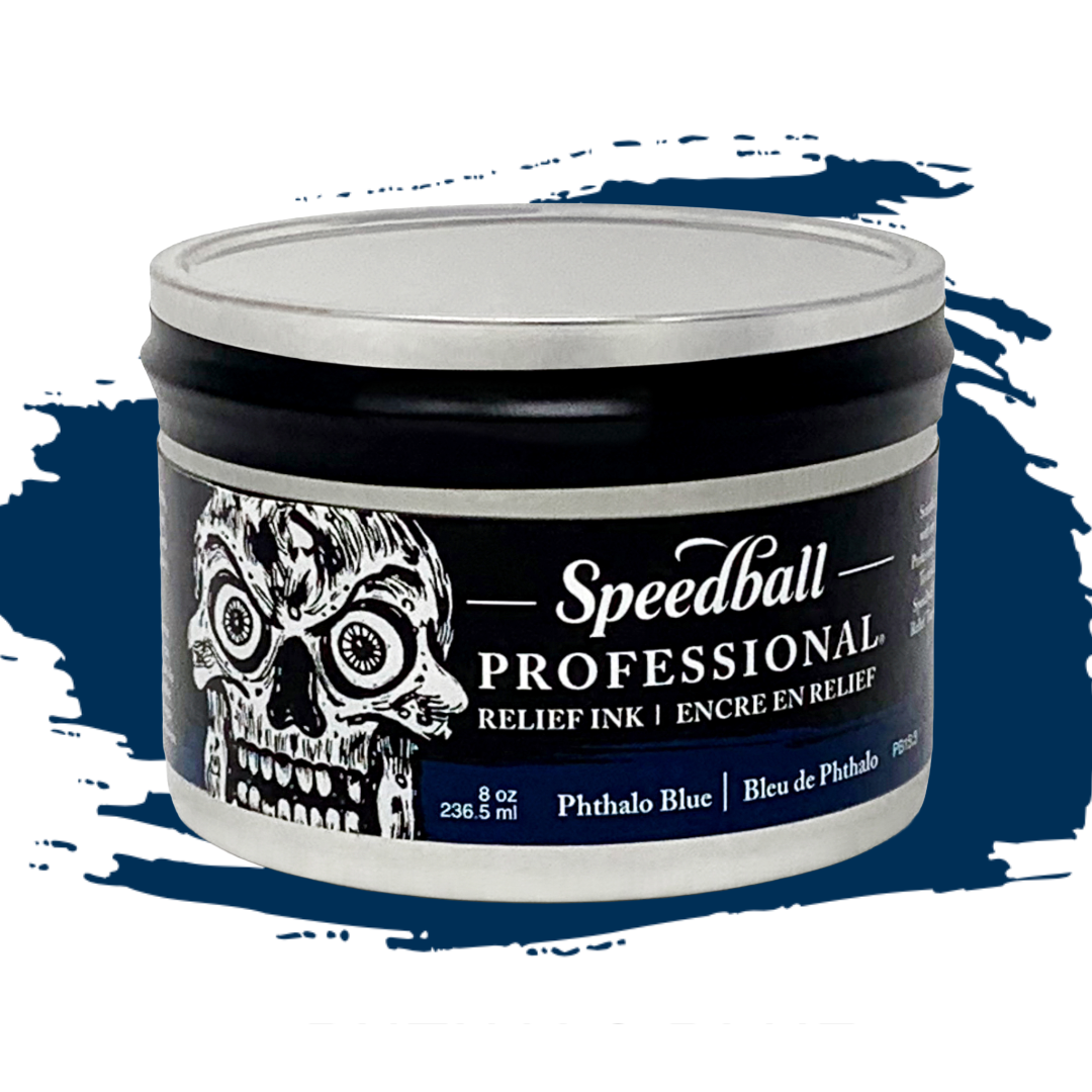 Speedball Professional Relief Ink Tin container with skull design on label and a blur colour swatch in the background