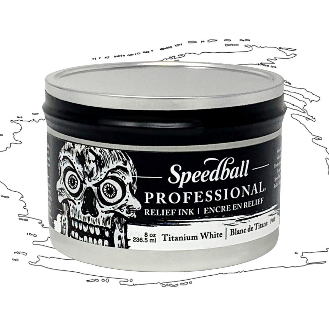 Speedball Professional Relief Ink Tin container with skull design on label and a white colour swatch in the background
