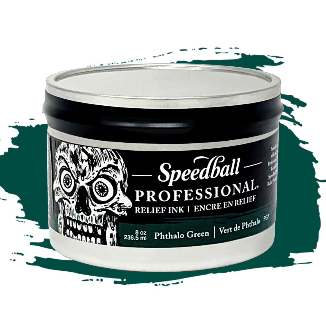 Speedball Professional Relief Ink Tin container with skull design on label and a green colour swatch in the background