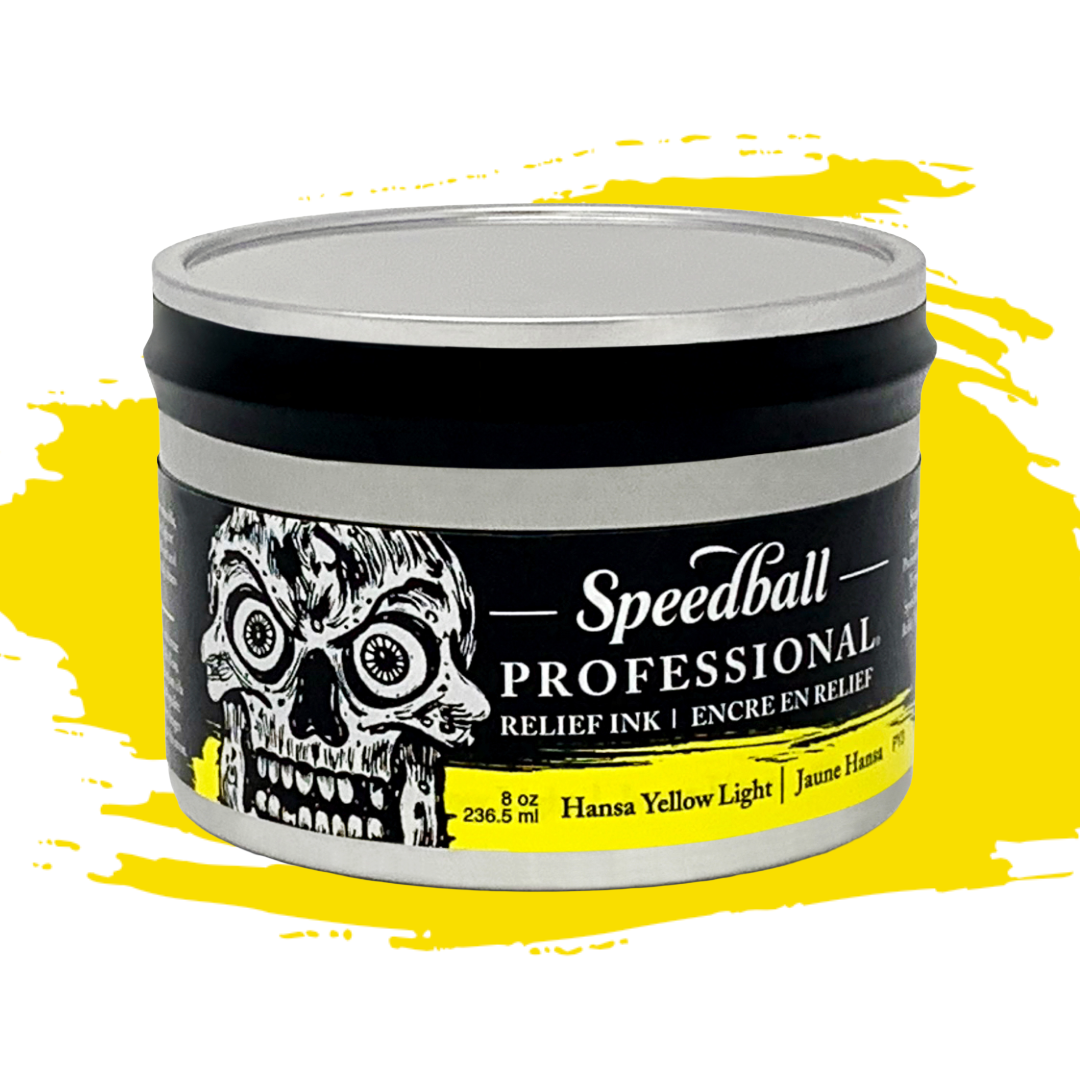 Speedball Professional Relief Ink Tin container with skull design on label and a yellow colour swatch in the background