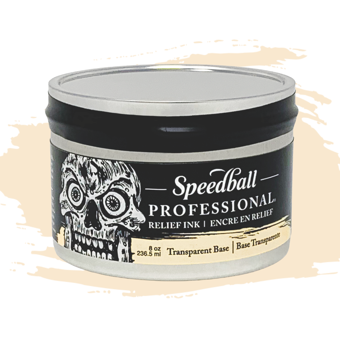 Speedball Professional Relief Ink Tin container with skull design on label and an off white colour swatch in the background