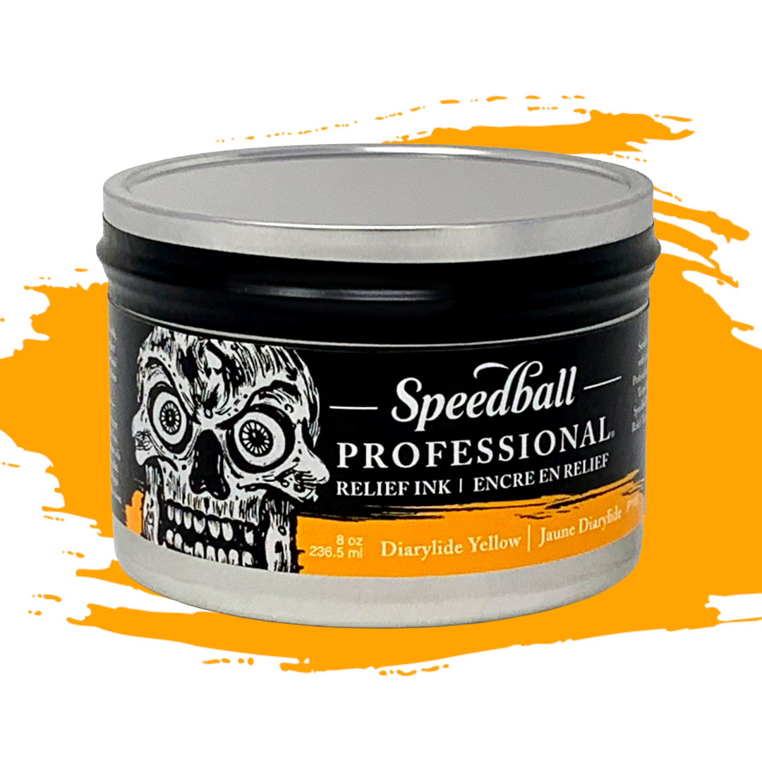 Speedball Professional Relief Ink Tin container with skull design on label and a yellow colour swatch in the background