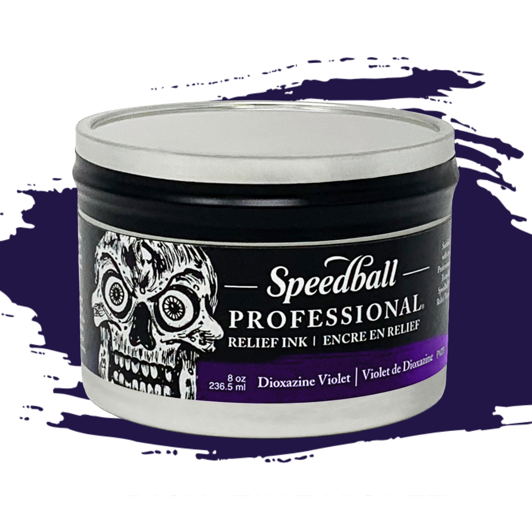 Speedball Professional Relief Ink Tin container with skull design on label and a purple colour swatch in the background