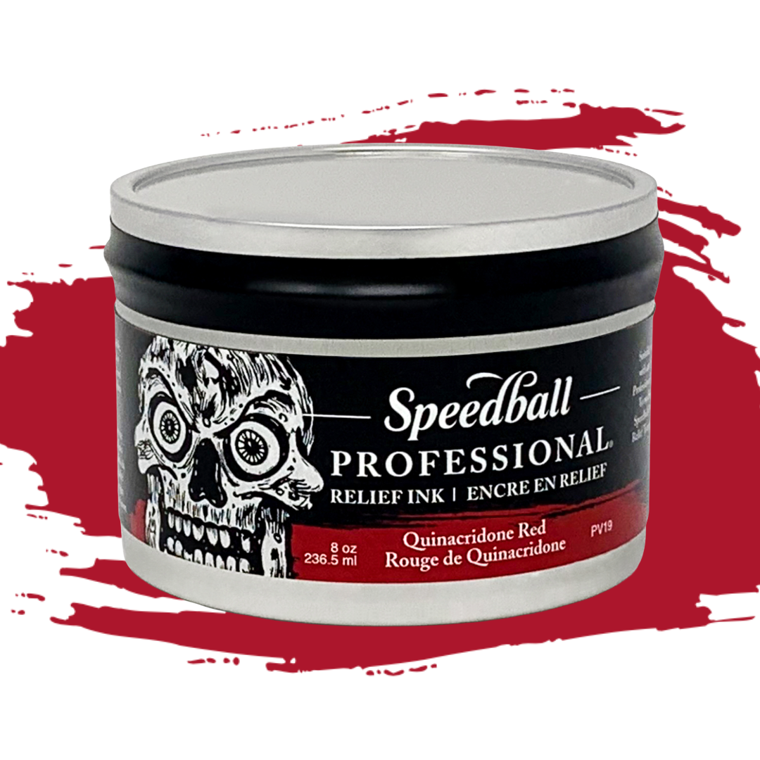 Speedball Professional Relief Ink Tin container with skull design on label and a red colour swatch in the background