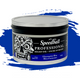 Speedball Professional Relief Ink Tin container with skull design on label and a blue colour swatch in the background