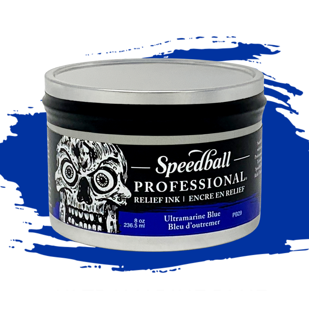 Speedball Professional Relief Ink Tin container with skull design on label and a blue colour swatch in the background