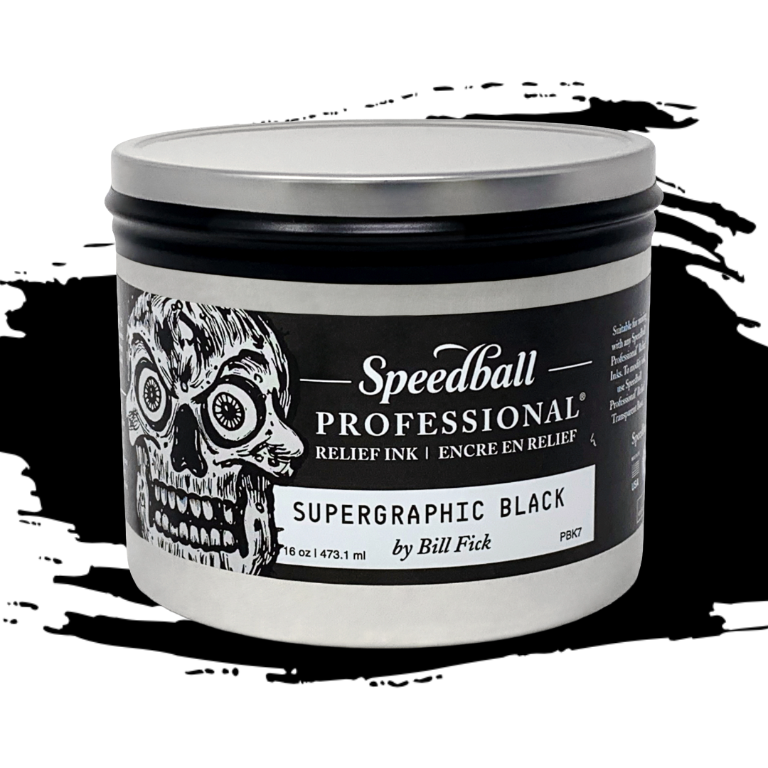 Speedball Professional Relief Ink Tin container with skull design on label and a black colour swatch in the background