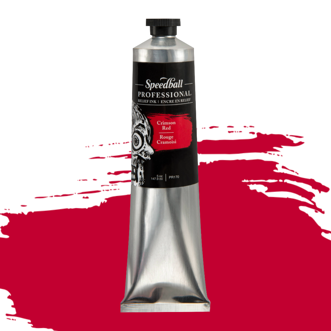 Speedball Professional Relief Ink silver tube with skull design on black label and a red colour swatch in the background