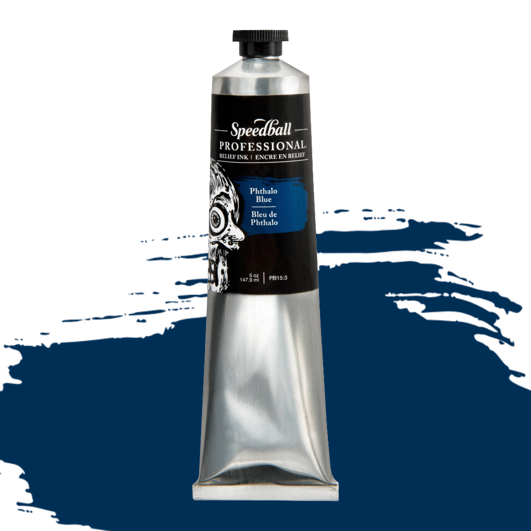 Speedball Professional Relief Ink silver tube with skull design on black label and a blue colour swatch in the background