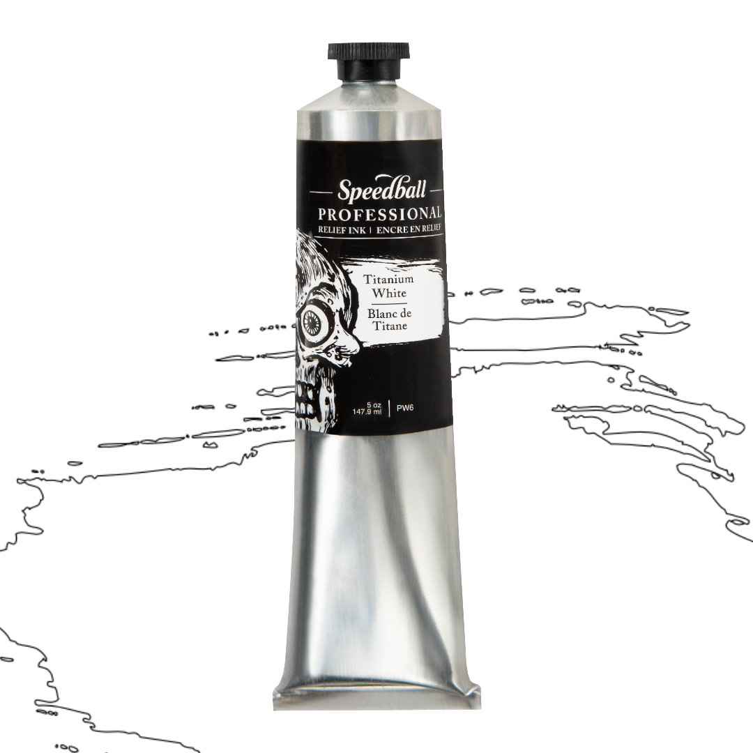 Speedball Professional Relief Ink silver tube with skull design on black label and a white colour swatch in the background