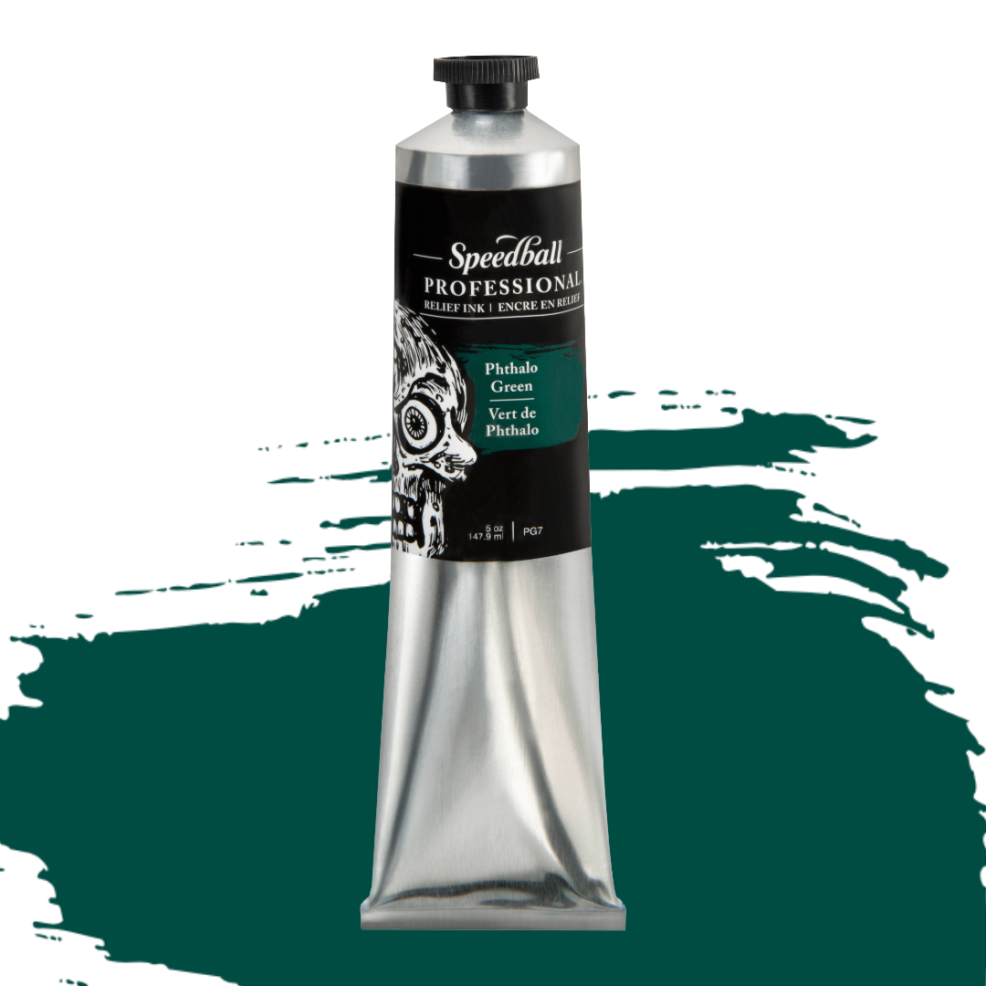 Speedball Professional Relief Ink silver tube with skull design on black label and a green colour swatch in the background