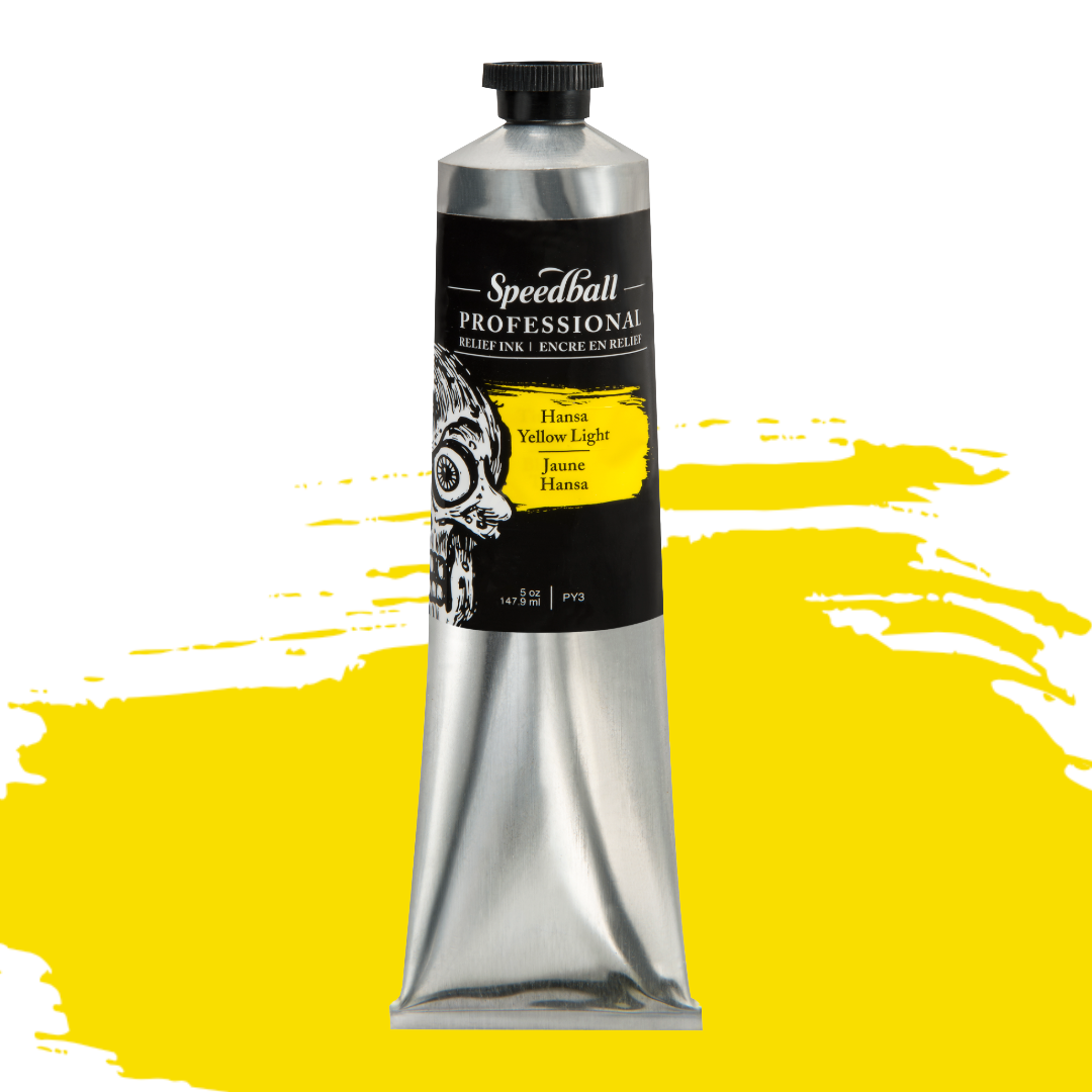 Speedball Professional Relief Ink silver tube with skull design on black label and a yellow colour swatch in the background