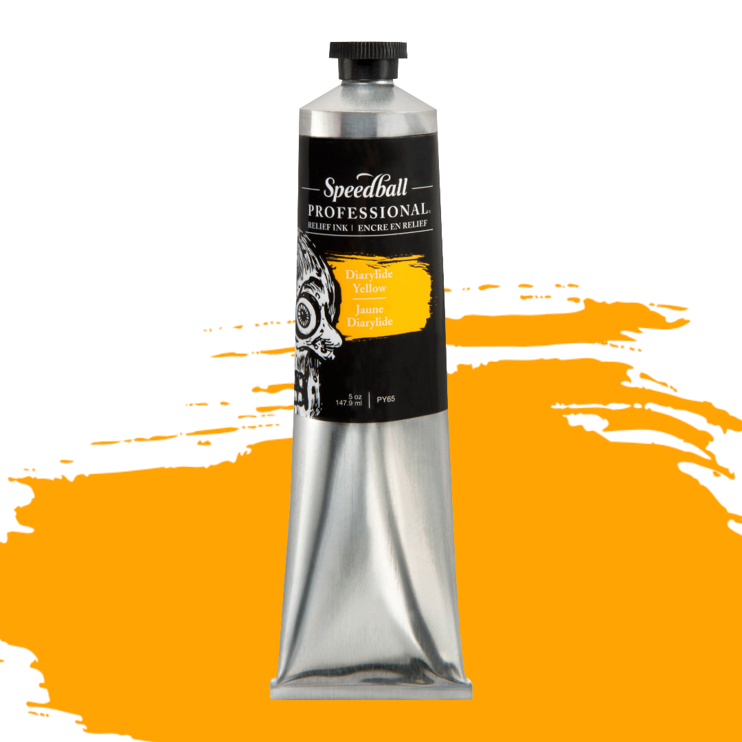 Speedball Professional Relief Ink silver tube with skull design on black label and a yellow colour swatch in the background