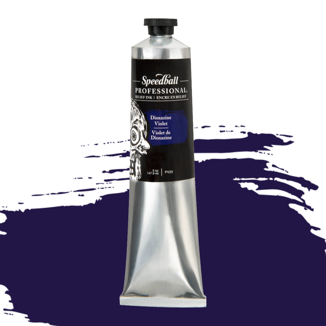 Speedball Professional Relief Ink silver tube with skull design on black label and a green colour swatch in the background