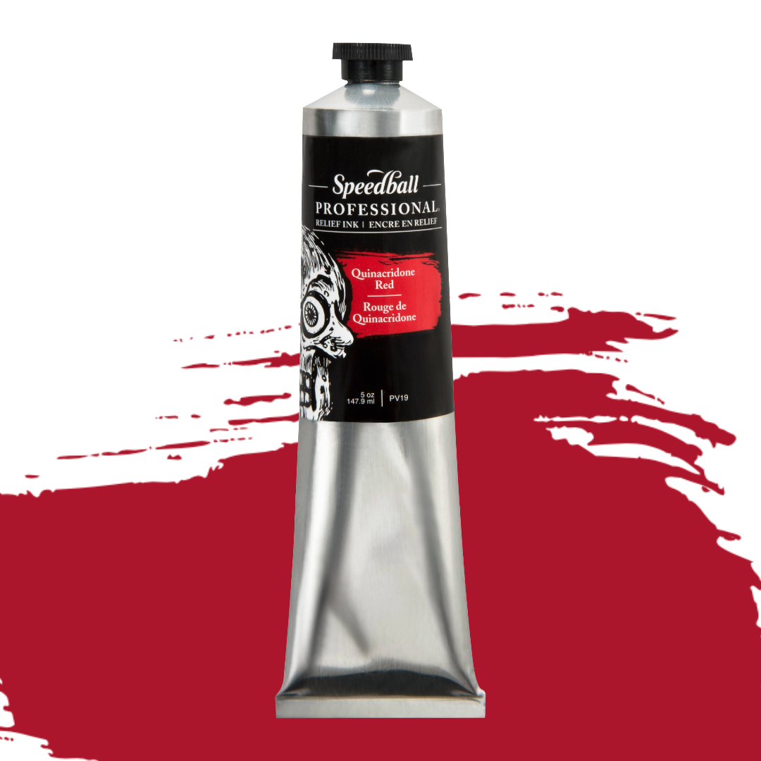 Speedball Professional Relief Ink silver tube with skull design on black label and a red colour swatch in the background