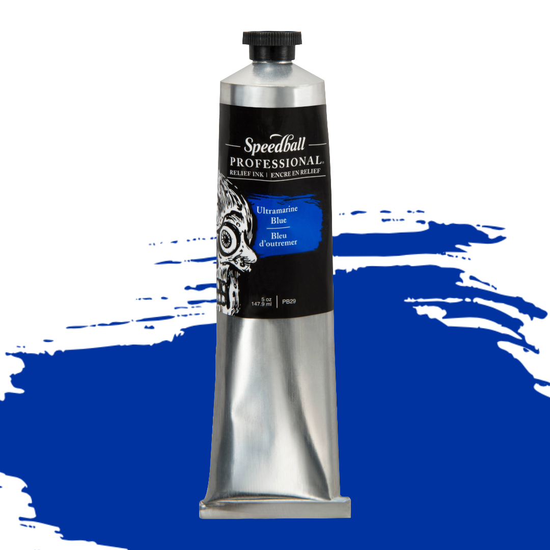 Speedball Professional Relief Ink silver tube with skull design on black label and a blue colour swatch in the background