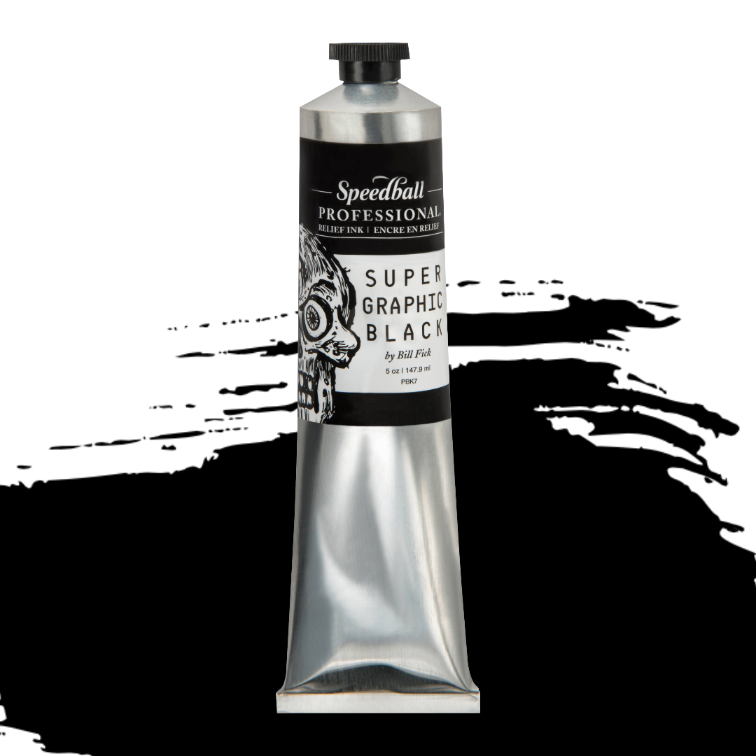 Speedball Professional Relief Ink silver tube with skull design on black label and ablack colour swatch in the background