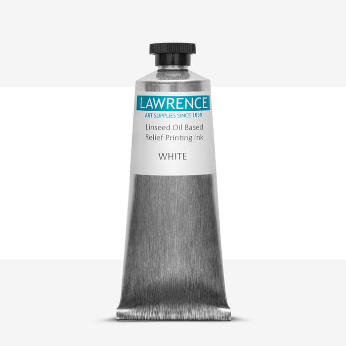 Tube of Lawrence white relief printing ink, against a colour swatch on a white background