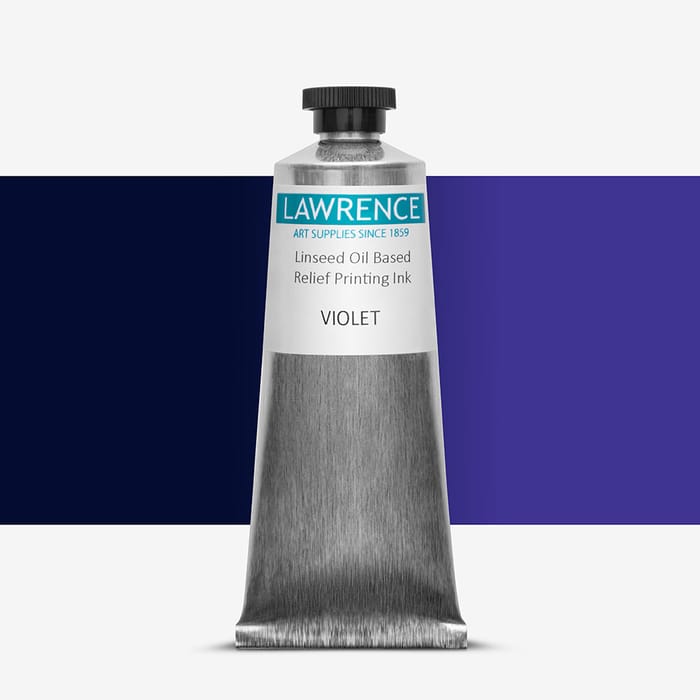 Tube of Lawrence purple relief printing ink, against a colour swatch on a white background