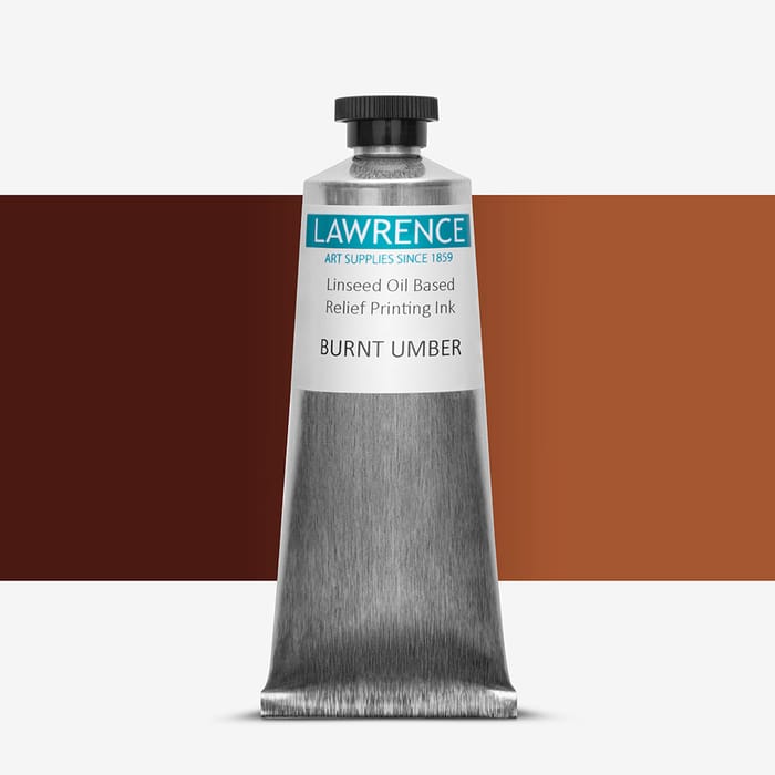 Tube of Lawrence brown relief printing ink, against a colour swatch on a white background
