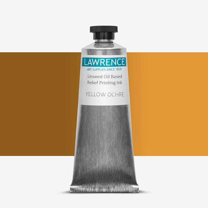 Tube of Lawrence brown relief printing ink, against a colour swatch on a white background