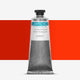 Tube of Lawrence red relief printing ink, against a colour swatch on a white background