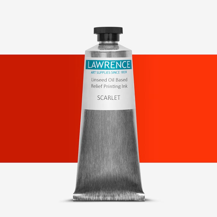 Tube of Lawrence red relief printing ink, against a colour swatch on a white background