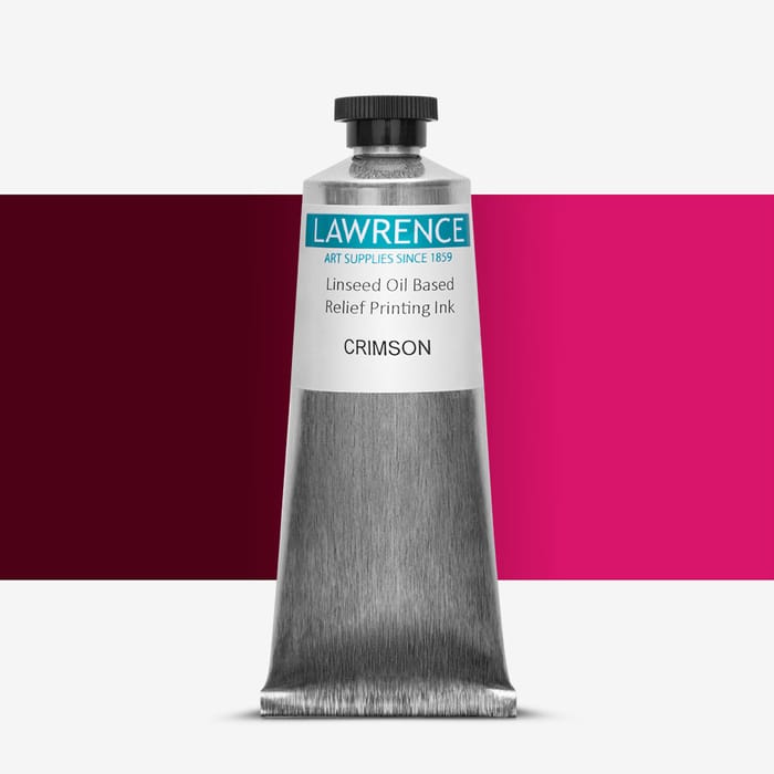 Tube of Lawrence red relief printing ink, against a colour swatch on a white background