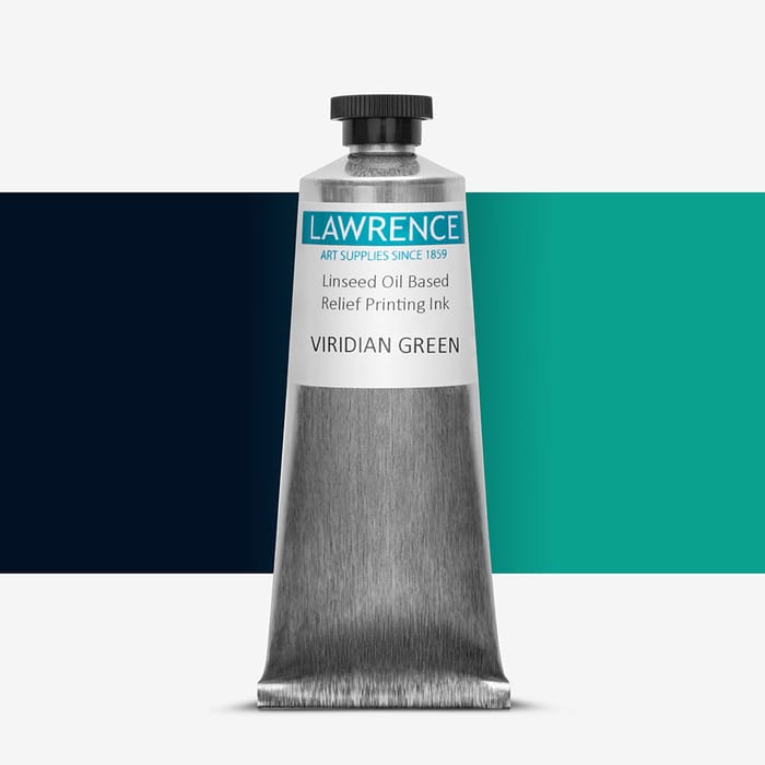 Tube of Lawrence green relief printing ink, against a colour swatch on a white background