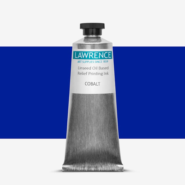 Tube of Lawrence blue relief printing ink, against a colour swatch on a white background