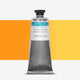 Tube of Lawrence yellow relief printing ink, against a colour swatch on a white background