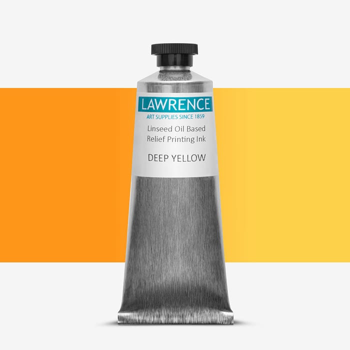 Tube of Lawrence yellow relief printing ink, against a colour swatch on a white background