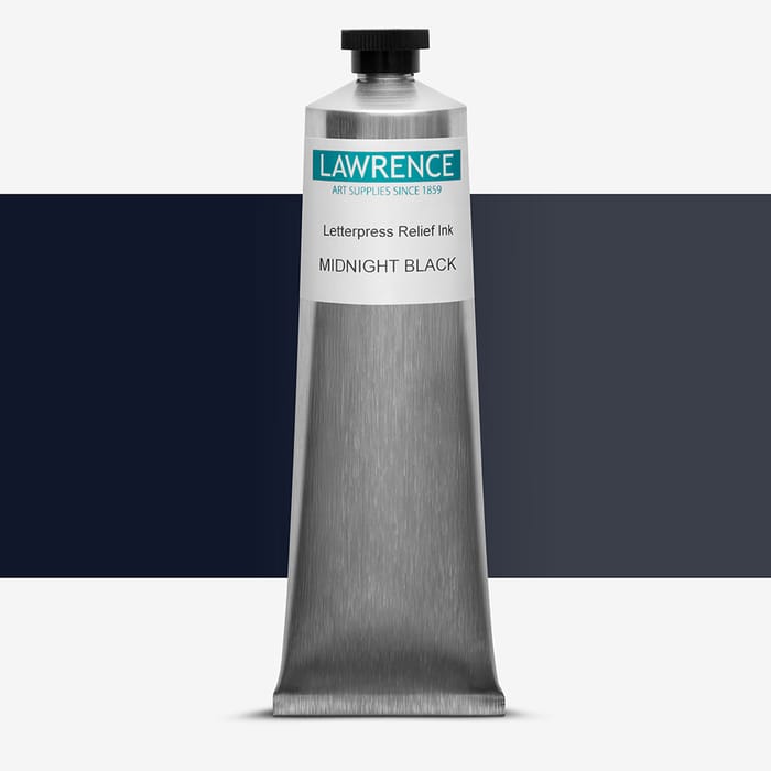 Tube of Lawrence black letterpress printing ink, against a colour swatch on a white background