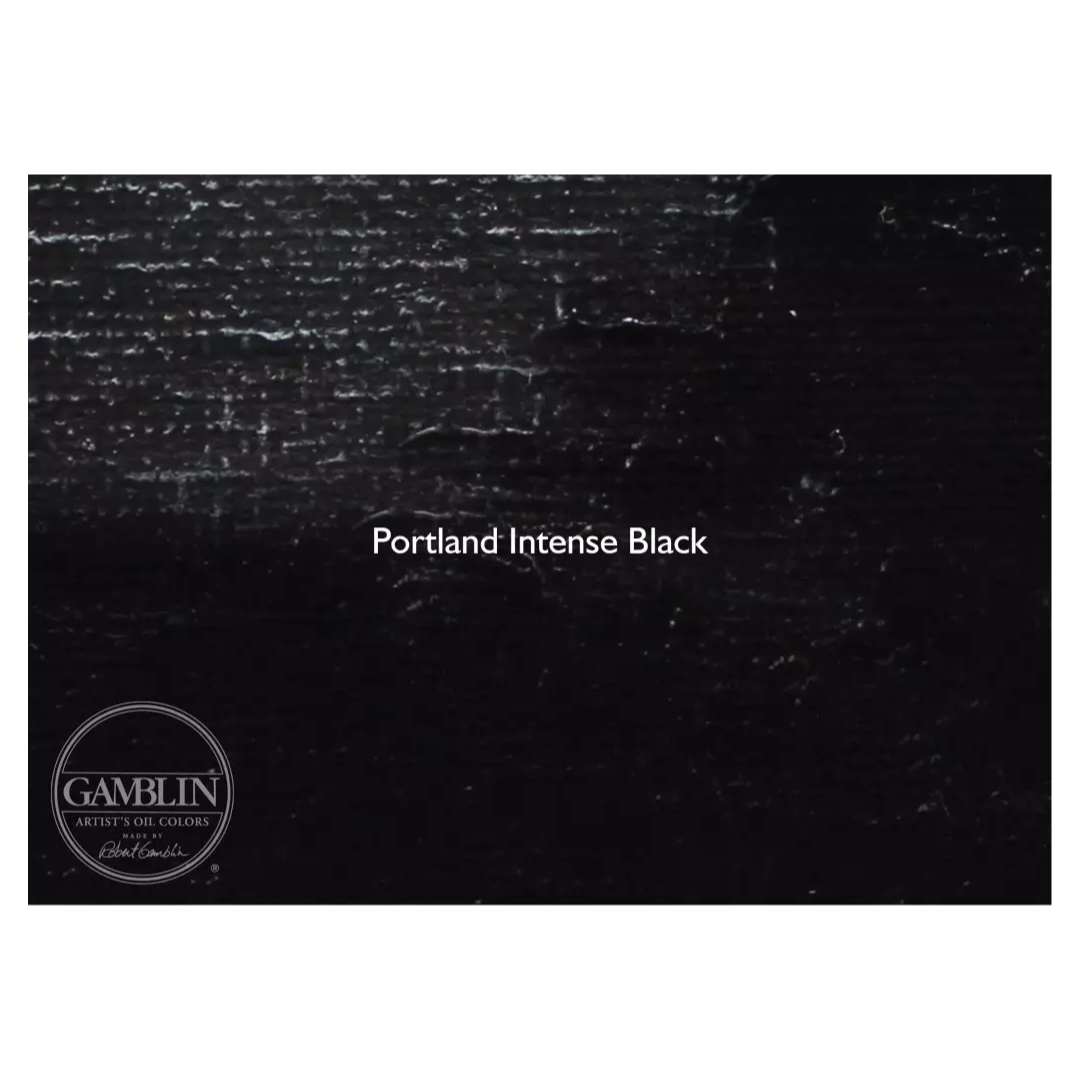 A swatch of a black Gamblin Relief Ink on a white background with a Gamblin logo in the left corner.