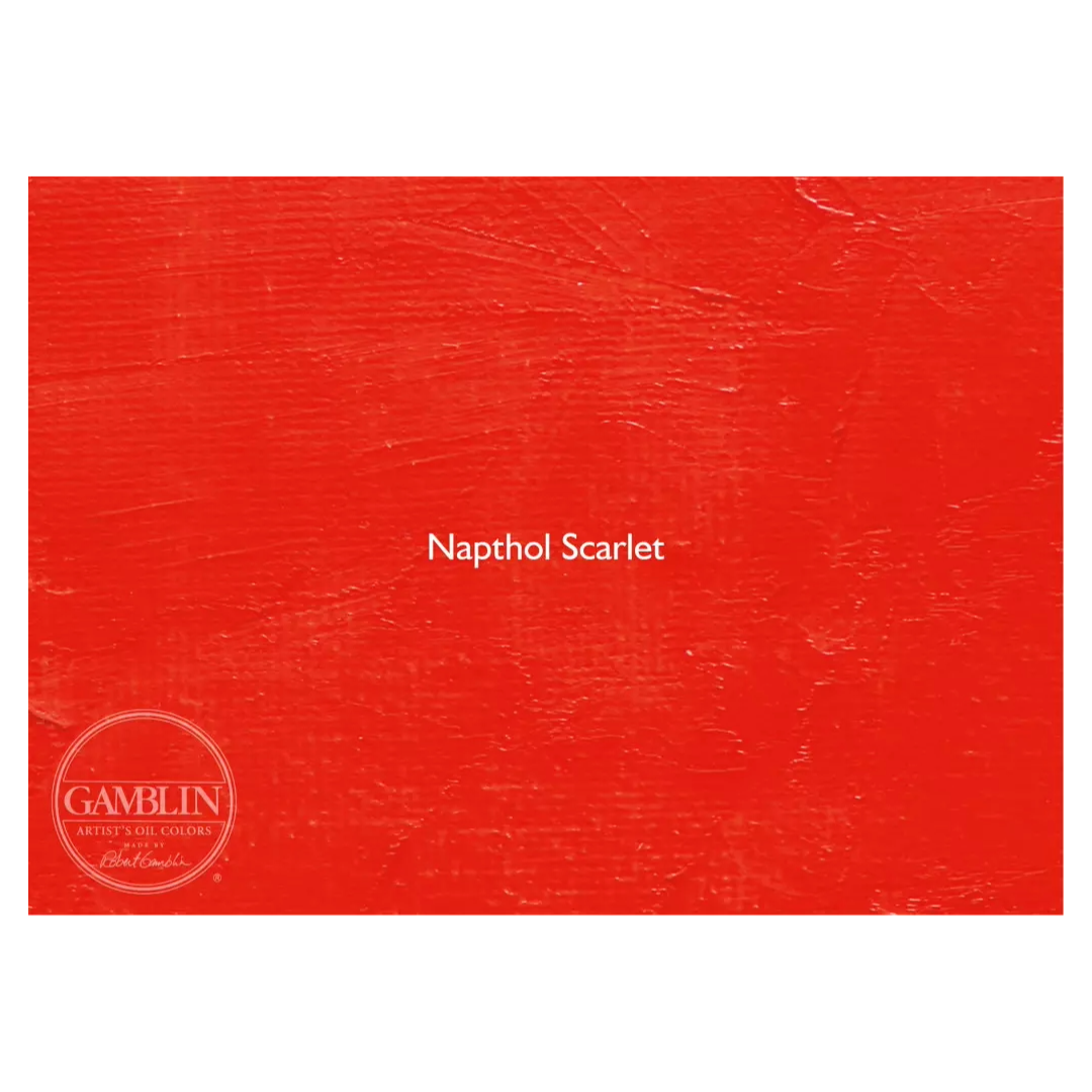 A swatch of a warm red Gamblin Relief Ink on a white background with a Gamblin logo in the left corner.