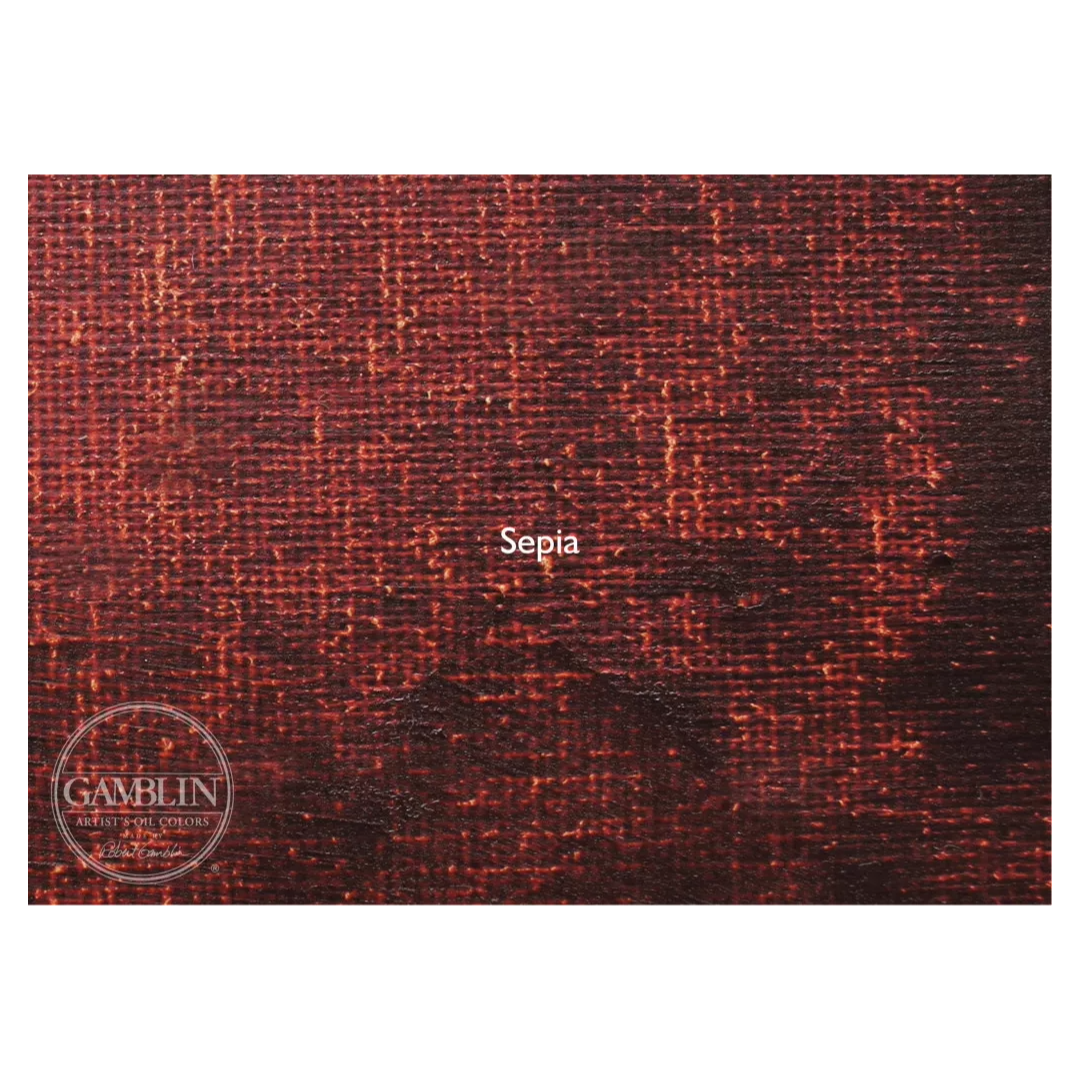 A swatch of a brown Gamblin Relief Ink on a white background with a Gamblin logo in the left corner.