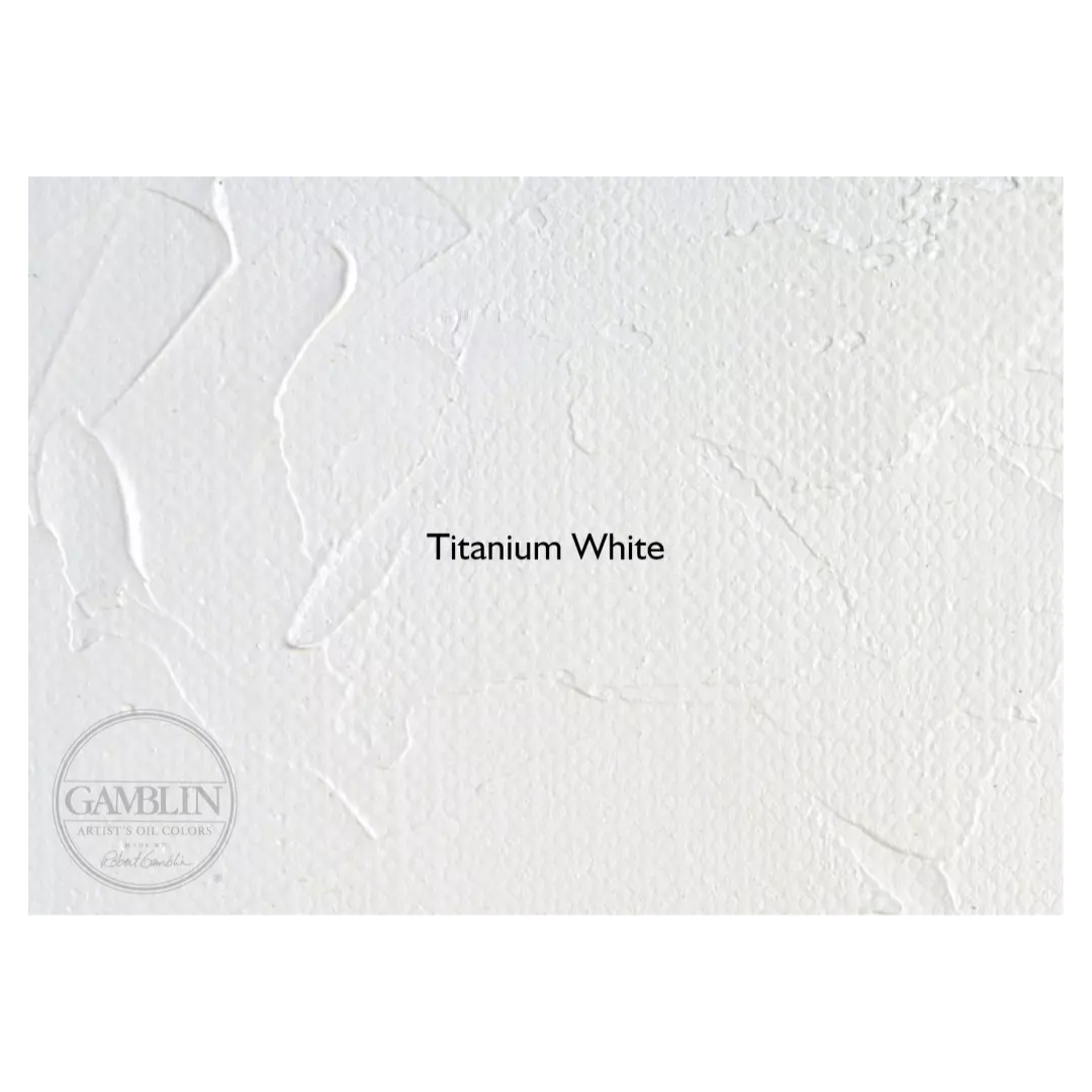 A swatch of a white Gamblin Relief Ink on a white background with a Gamblin logo in the left corner.
