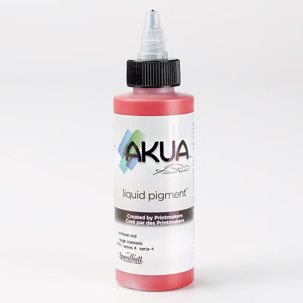 A bottle of red Akua Liquid Pigment Ink for monoprinting on a white background 