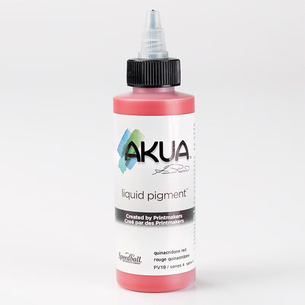 A bottle of Red Akua Liquid Pigment Ink for monoprinting on a white background 