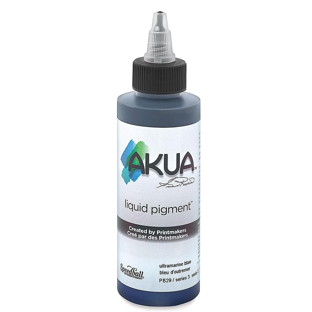 A bottle of blue Akua Liquid Pigment Ink for monoprinting on a white background 