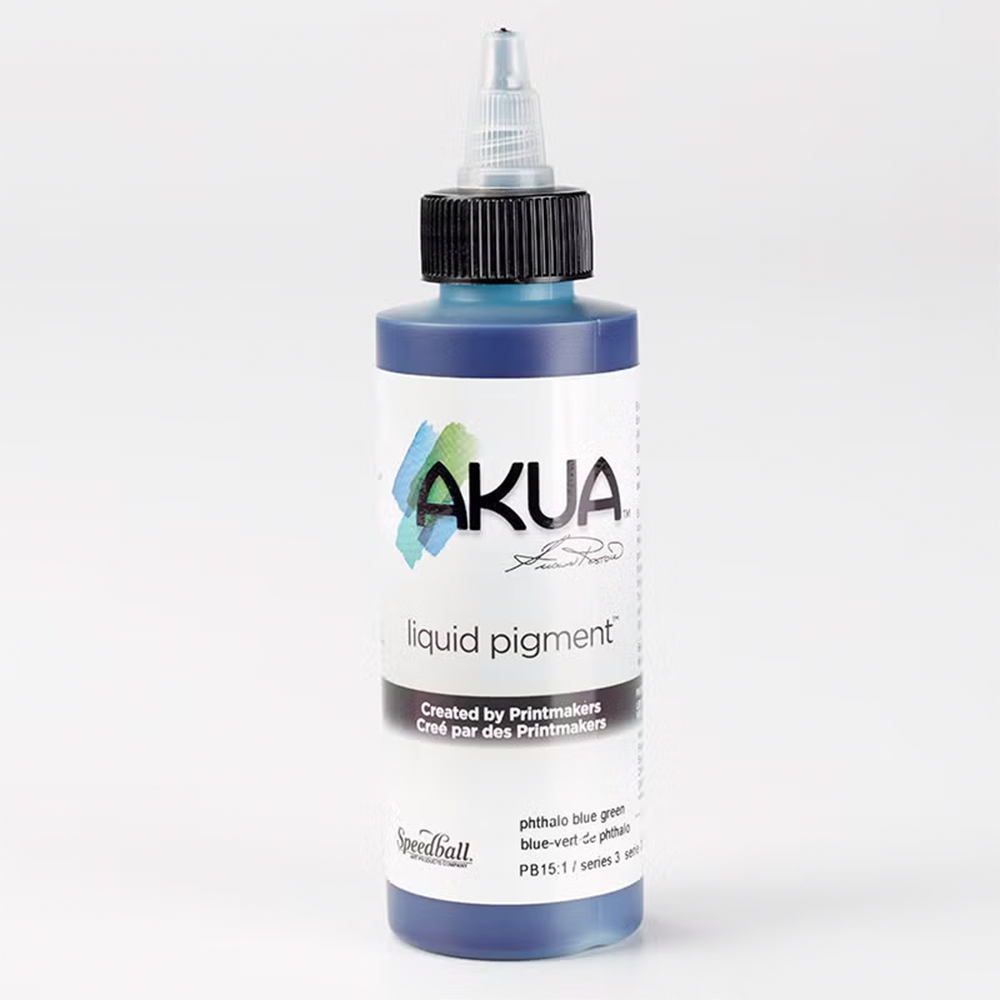 A bottle of blue Akua Liquid Pigment Ink for monoprinting on a white background 