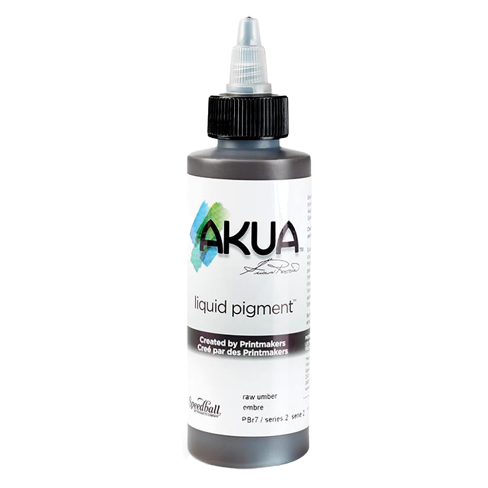 A bottle of brown Akua Liquid Pigment Ink for monoprinting on a white background 
