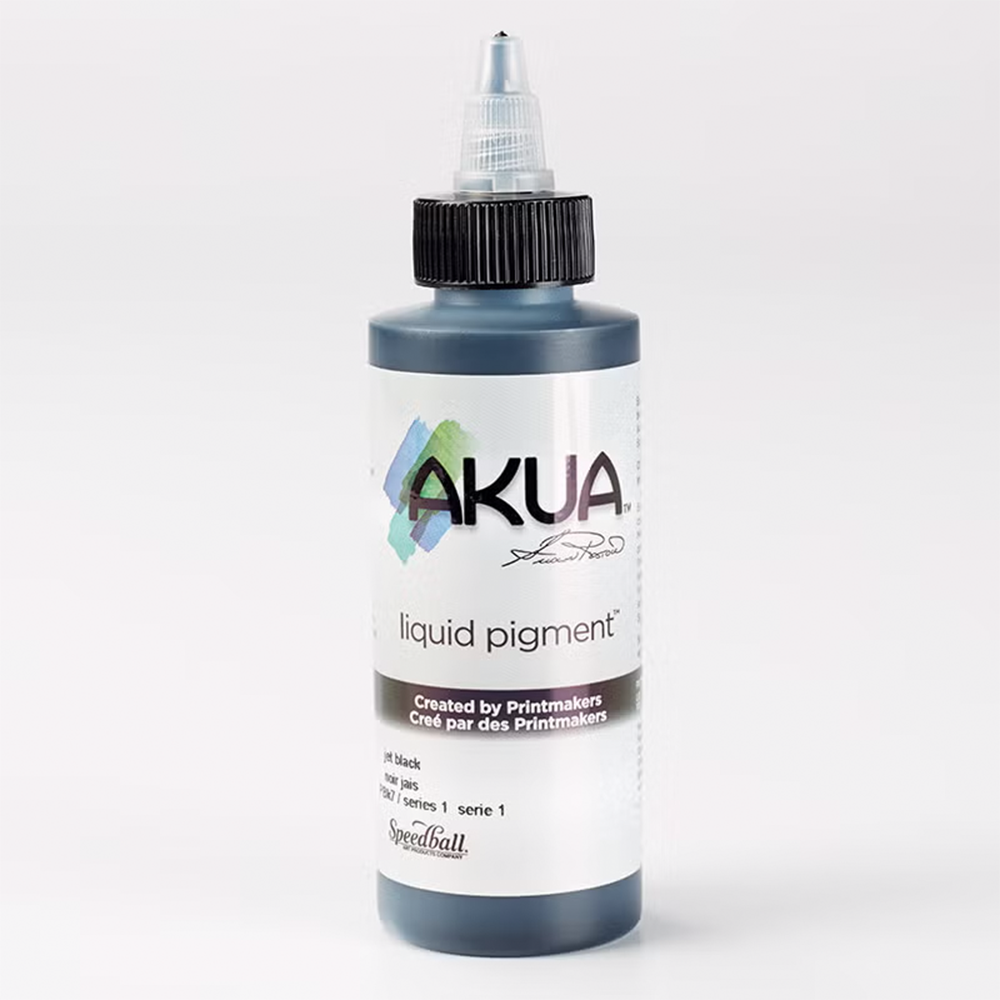 A bottle of Black Akua Liquid Pigment Ink for monoprinting on a white background 