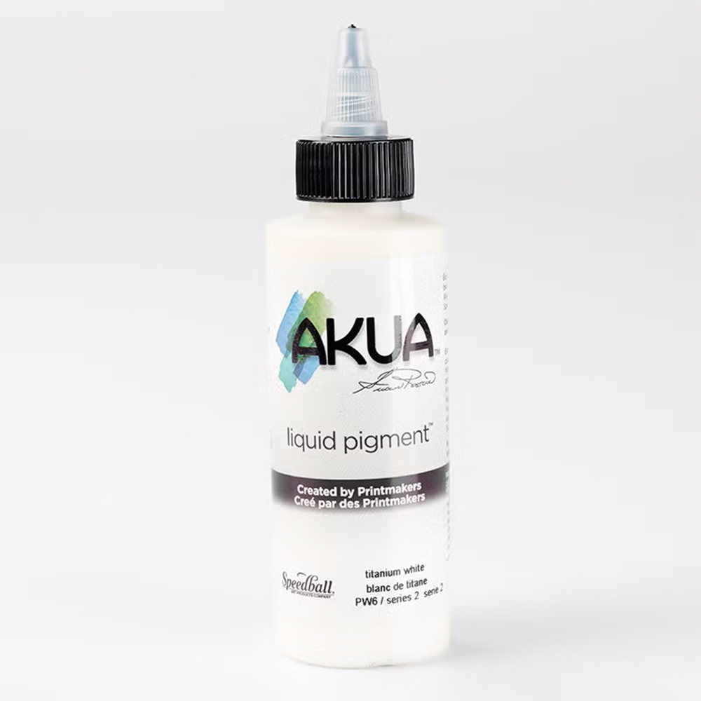 A bottle of white Akua Liquid Pigment Ink for monoprinting on a white background 