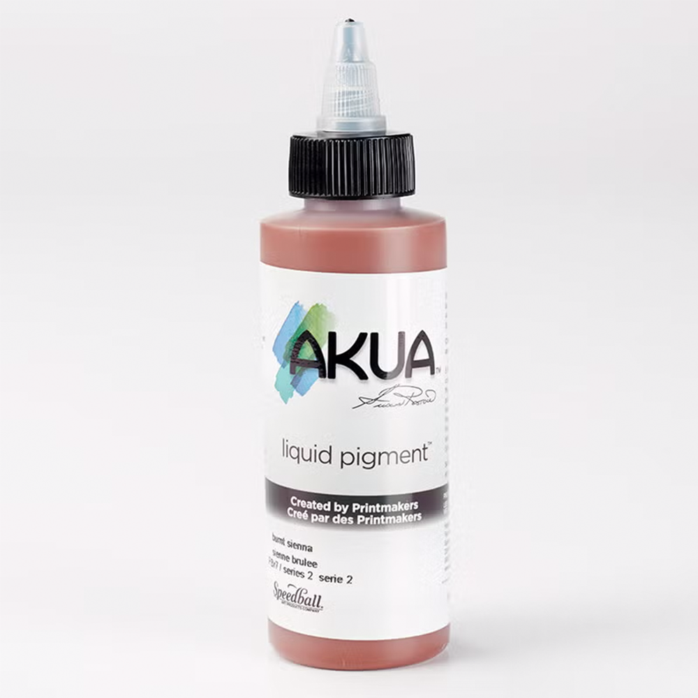 A bottle of brown Akua Liquid Pigment Ink for monoprinting on a white background 