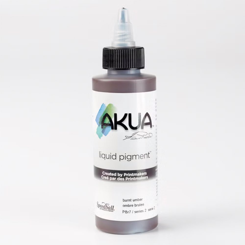 A bottle of brown Akua Liquid Pigment Ink for monoprinting on a white background 