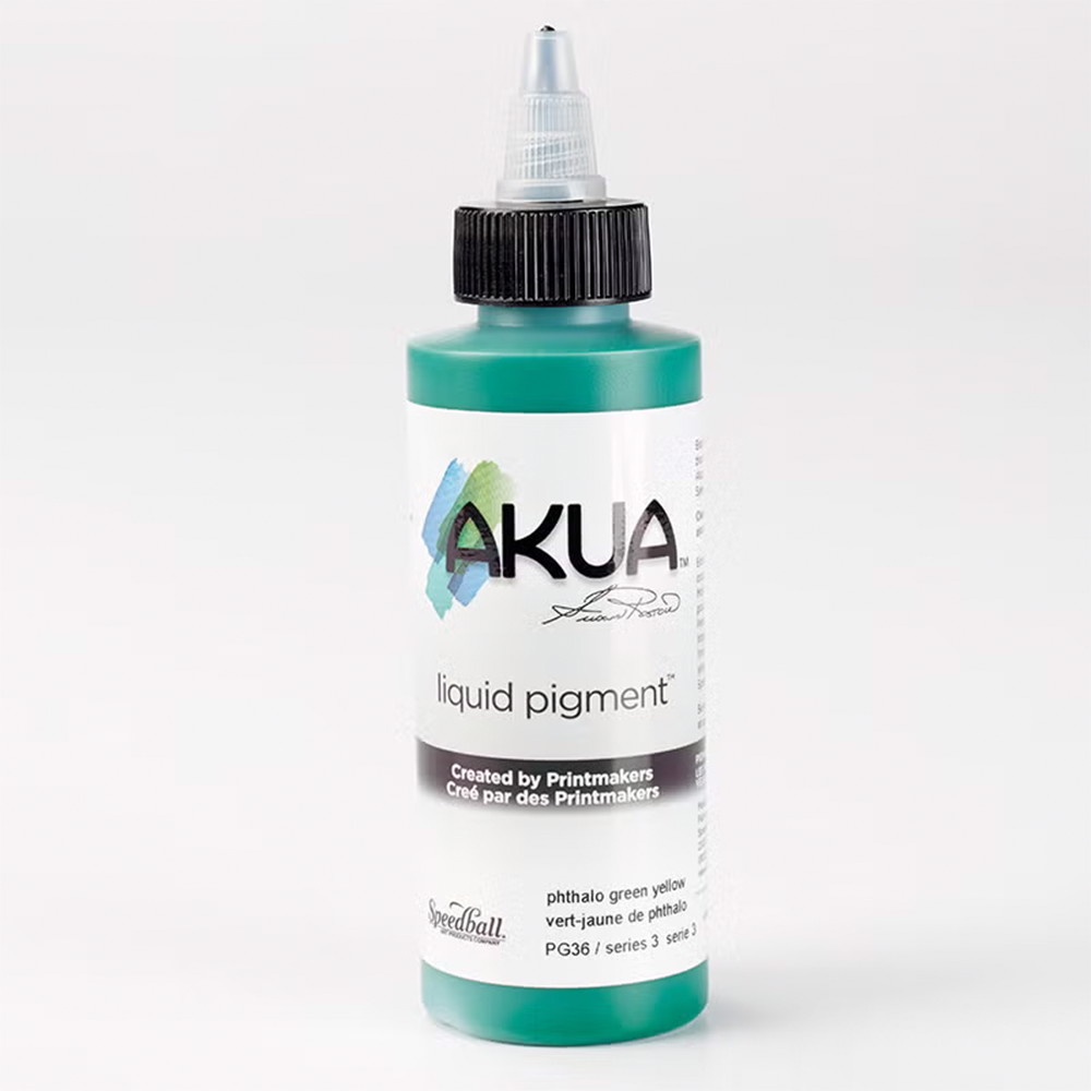 A bottle of green Akua Liquid Pigment Ink for monoprinting on a white background 
