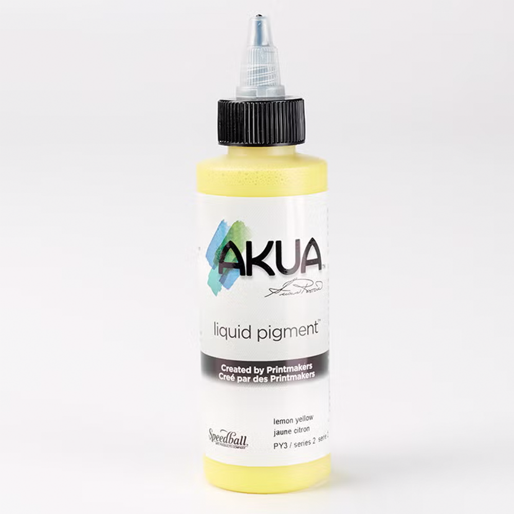 A bottle of yellow Akua Liquid Pigment Ink for monoprinting on a white background 